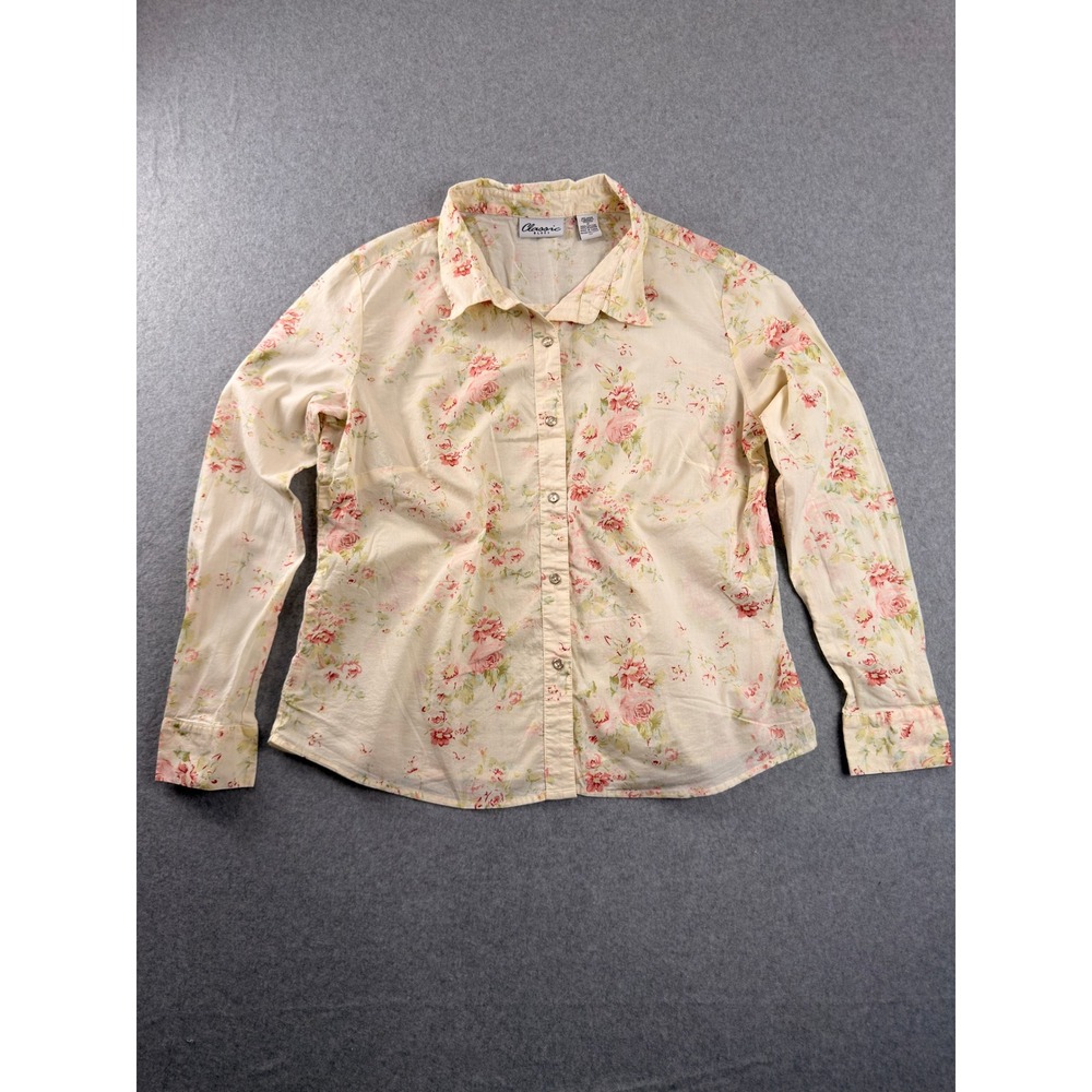Vintage Cottagecore Coquette Floral Button Down Shirt Women 1X Cream Pink Cotton